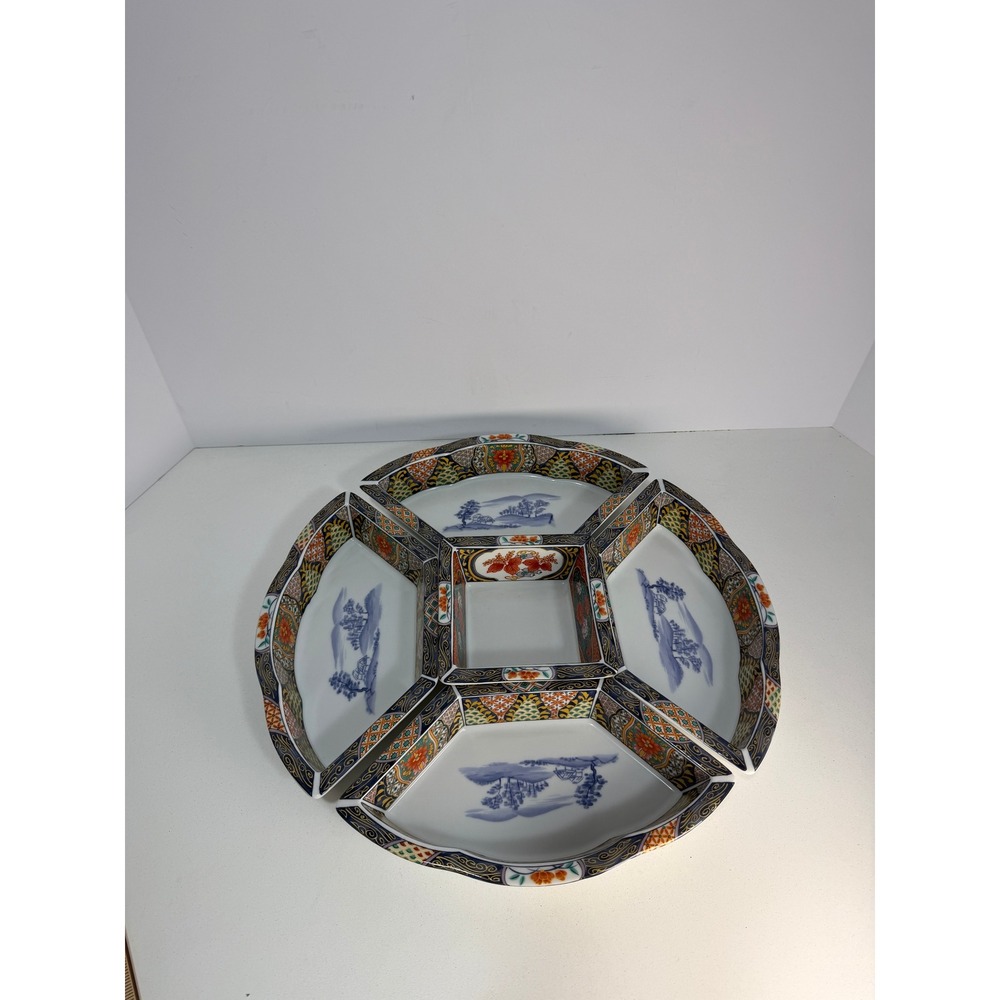 Shoryu Kiln Arita ware 5pc porcelain serving set blue sansui gold kinrande japan